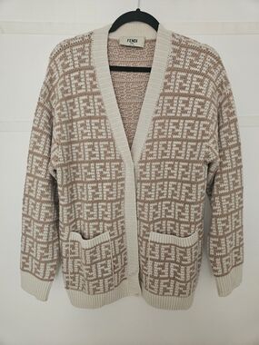 Fendi Beige & Cream Monogram Cardigan Sweater